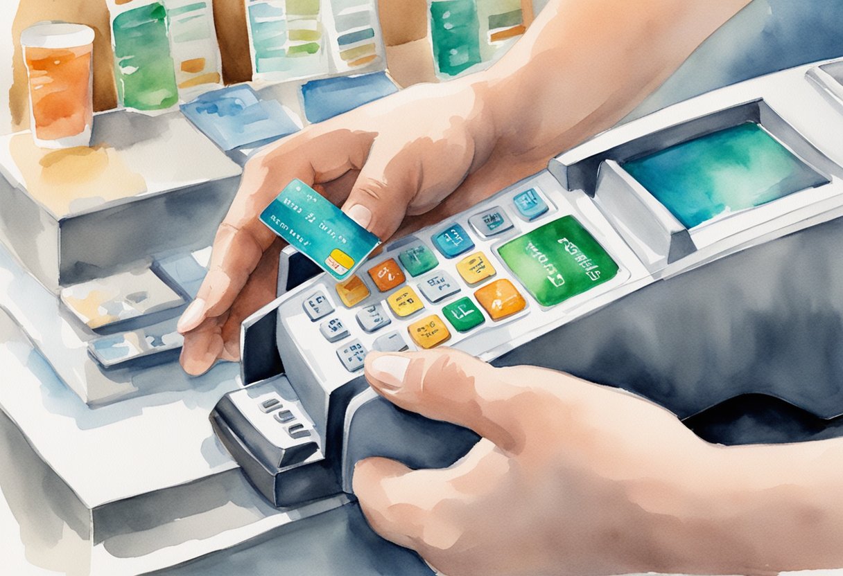 A hand swipes an FNB credit card at a store checkout counter