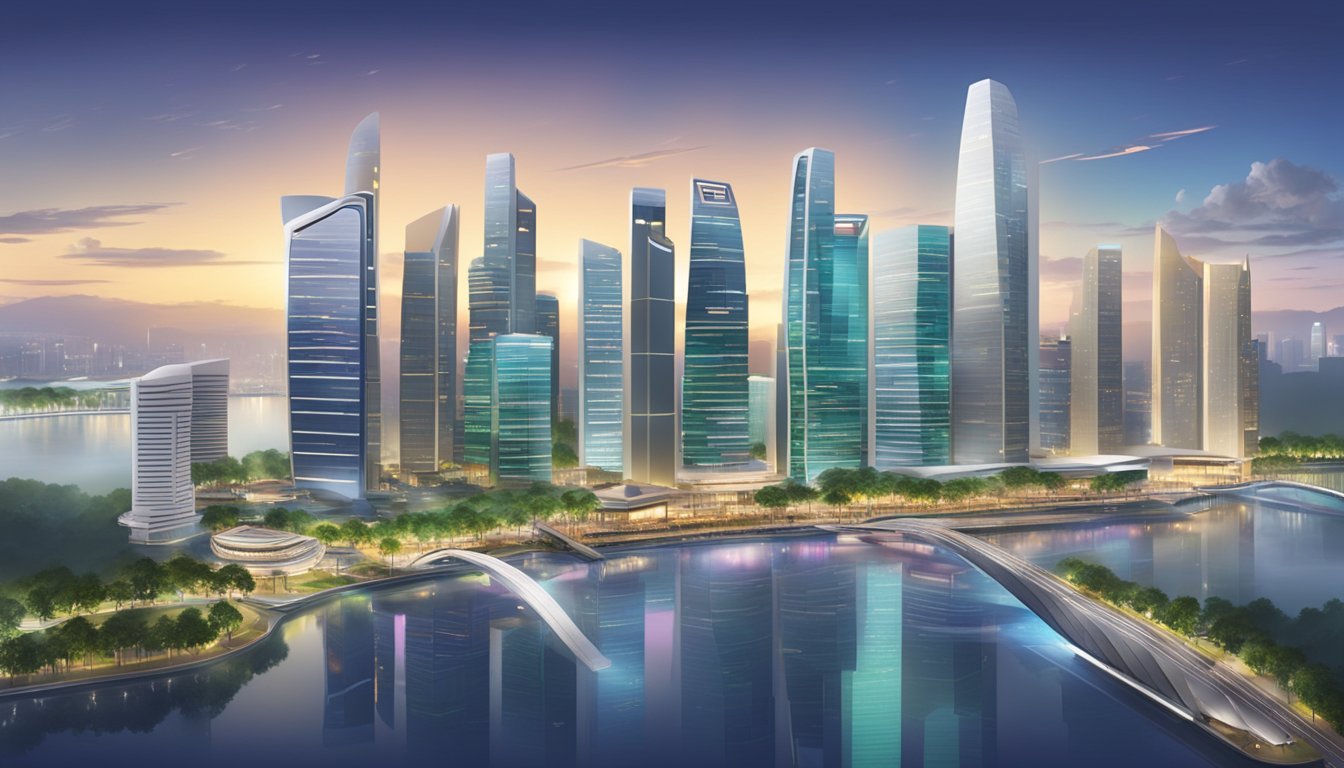 The bustling city of Singapore is depicted with futuristic skyscrapers and innovative technology, symbolizing the forward-thinking approach of the Development Bank of Singapore
