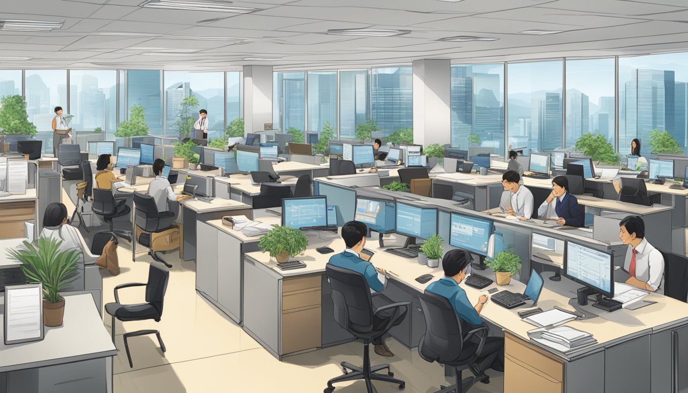 A bustling office with employees at their desks, a large sign reading "Frequently Asked Questions Development Bank of Singapore" prominently displayed