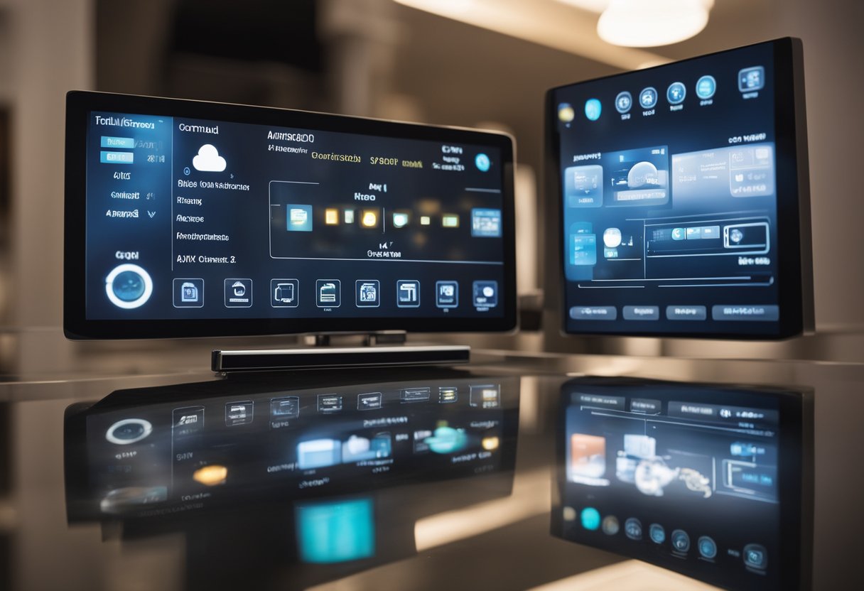 A hand selects a home automation system from a display of smart devices and control panels, with various options and features