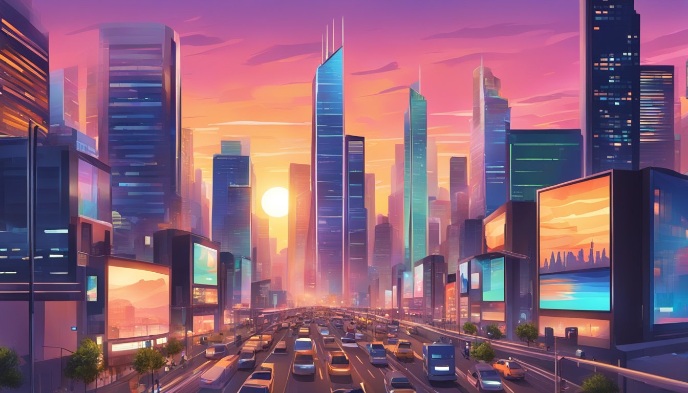 A bustling cityscape with skyscrapers and digital billboards, set against a vibrant sunset sky