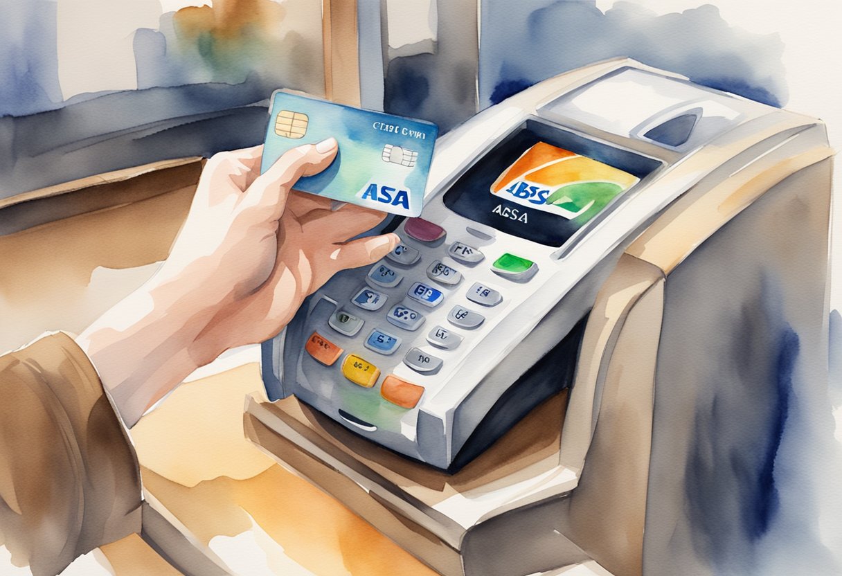 A hand holding an ABSA credit card above a payment terminal
