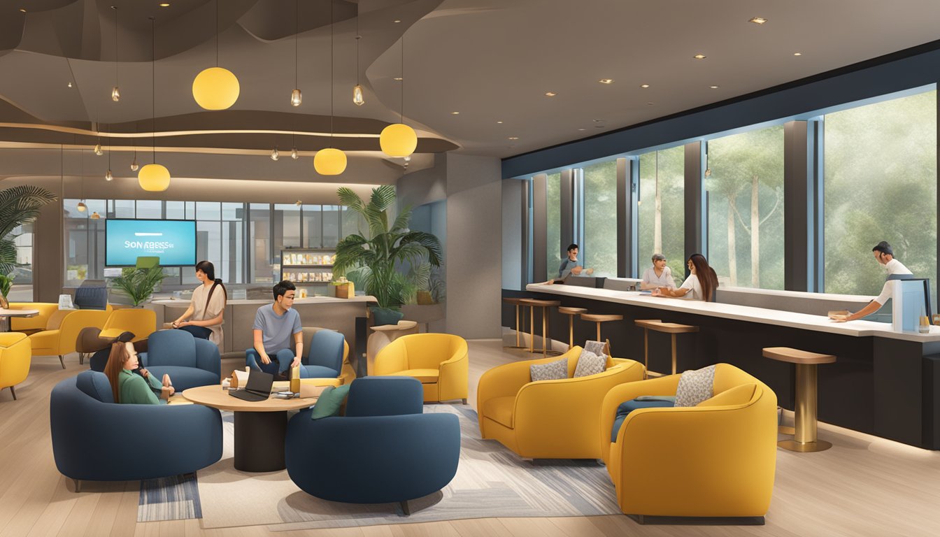 Customers swipe digibank debit card for lounge access in Singapore. Comfortable seating, modern decor, and amenities available