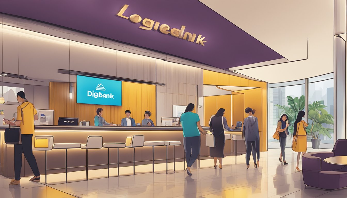 A sleek digibank debit card is being swiped at a lounge entrance in Singapore, with a sign displaying "Lounge Access Benefits" prominently