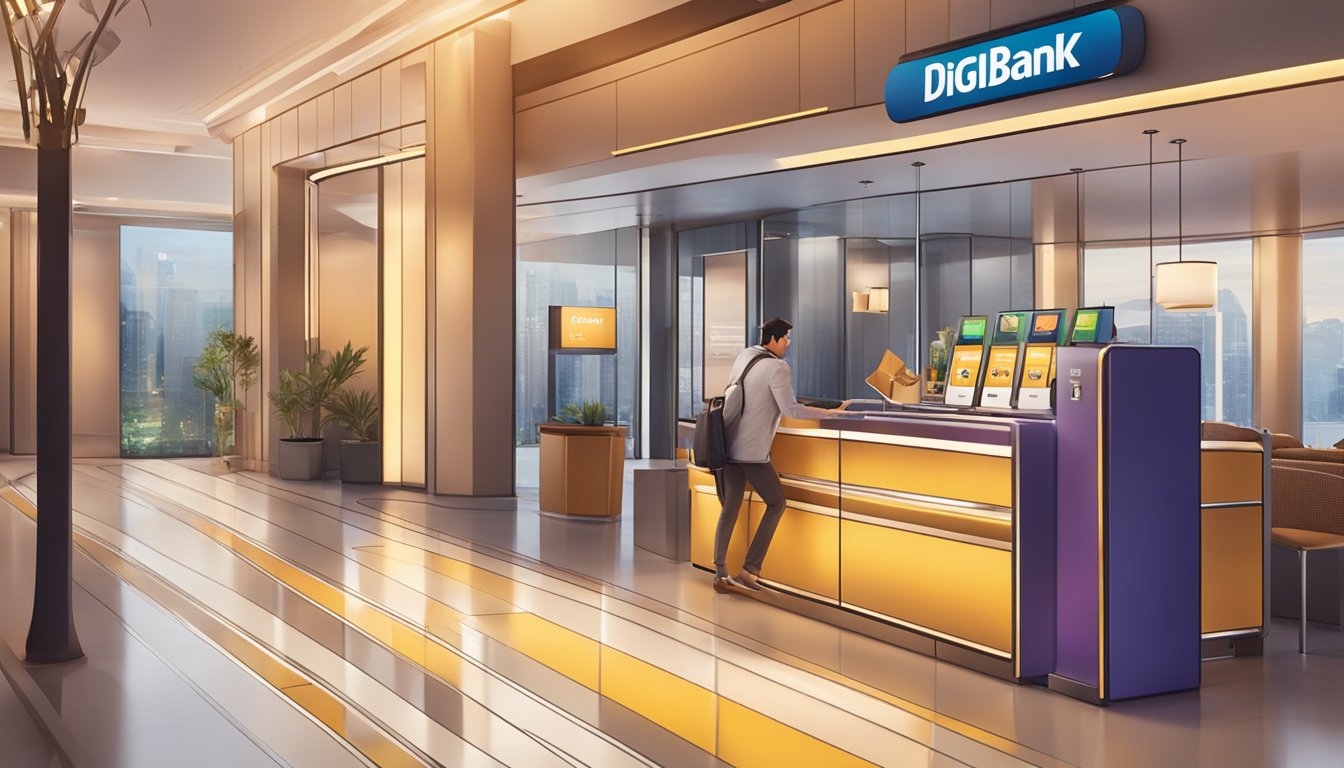 A sleek digibank debit card is swiped at a lounge entrance in Singapore, granting access. The card features travel rewards and insurance benefits