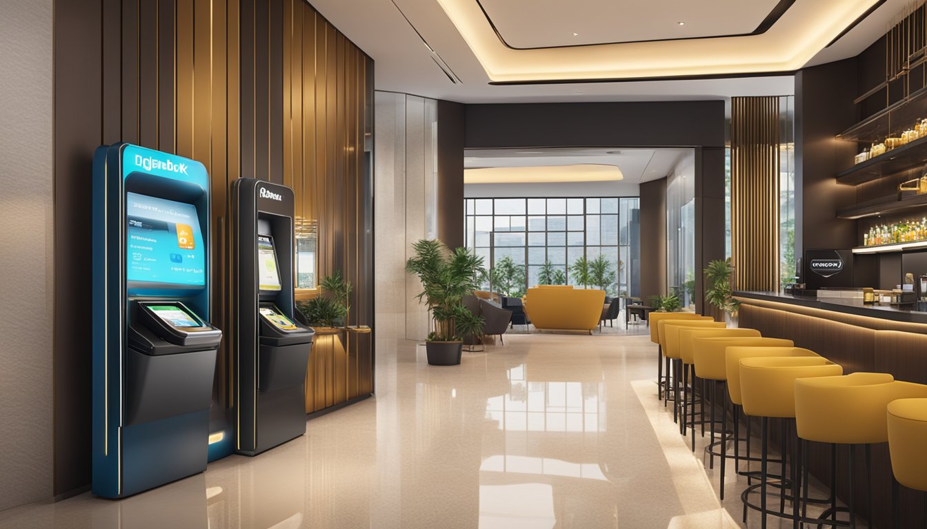 A sleek digibank debit card is swiped at a modern lounge entrance in Singapore, with luxurious amenities and stylish decor visible in the background