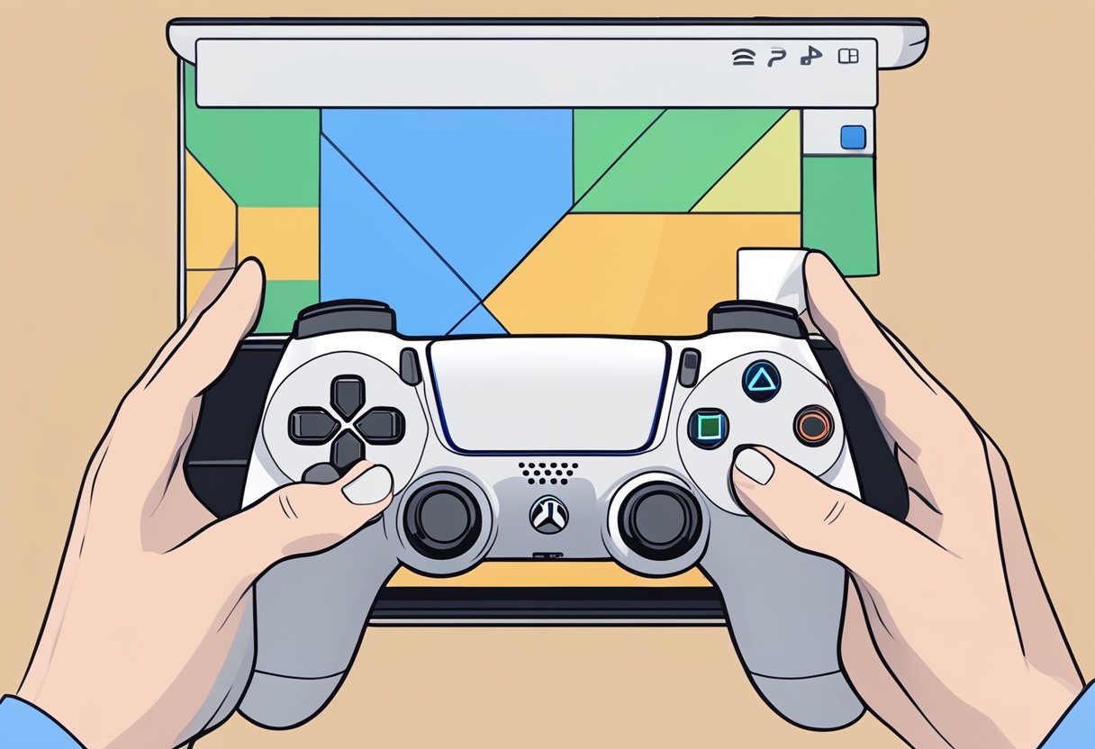 A hand holding a PS5 controller, pressing a button to access the settings menu. The screen displays "Adaptive Triggers" with an option to turn them off