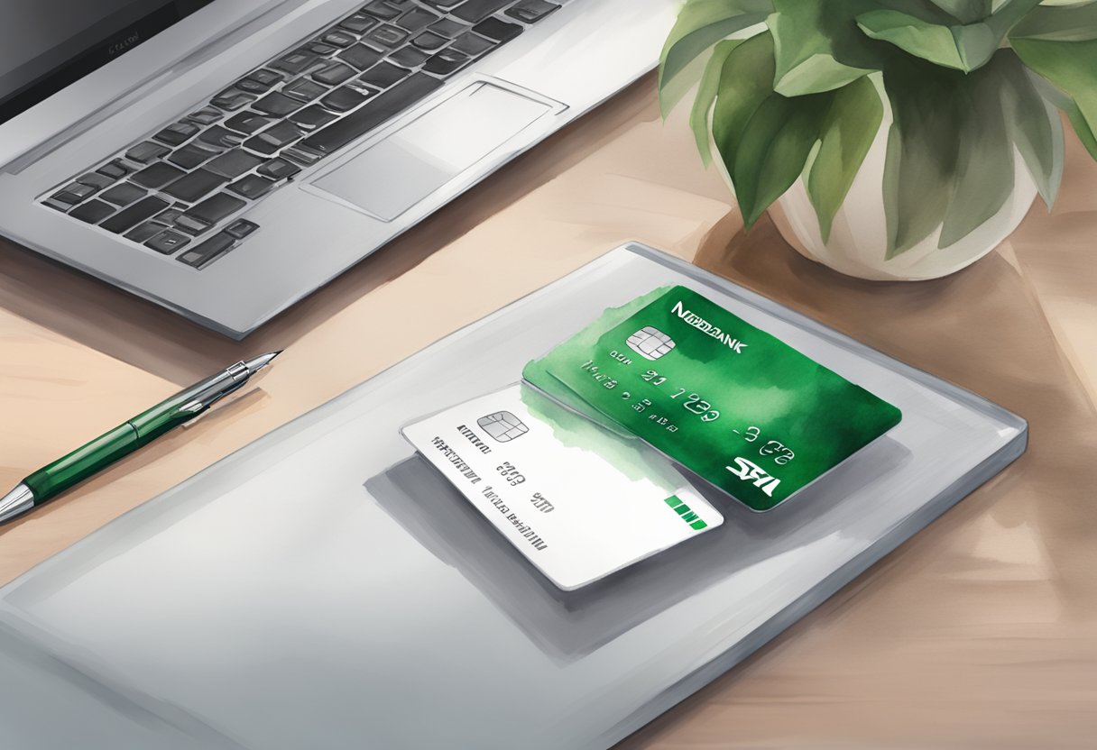 A Nedbank credit card lies on a sleek, modern desk, with a laptop and pen nearby. The card is silver with the Nedbank logo prominently displayed