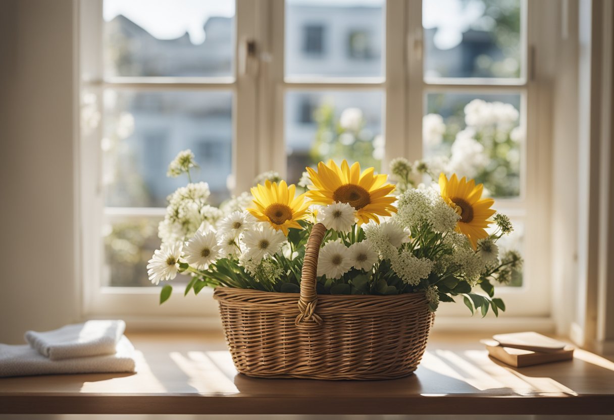 A bright, sunny room with open windows, fresh flowers, and a clean, organized space. A basket of cleaning supplies sits nearby, ready for use