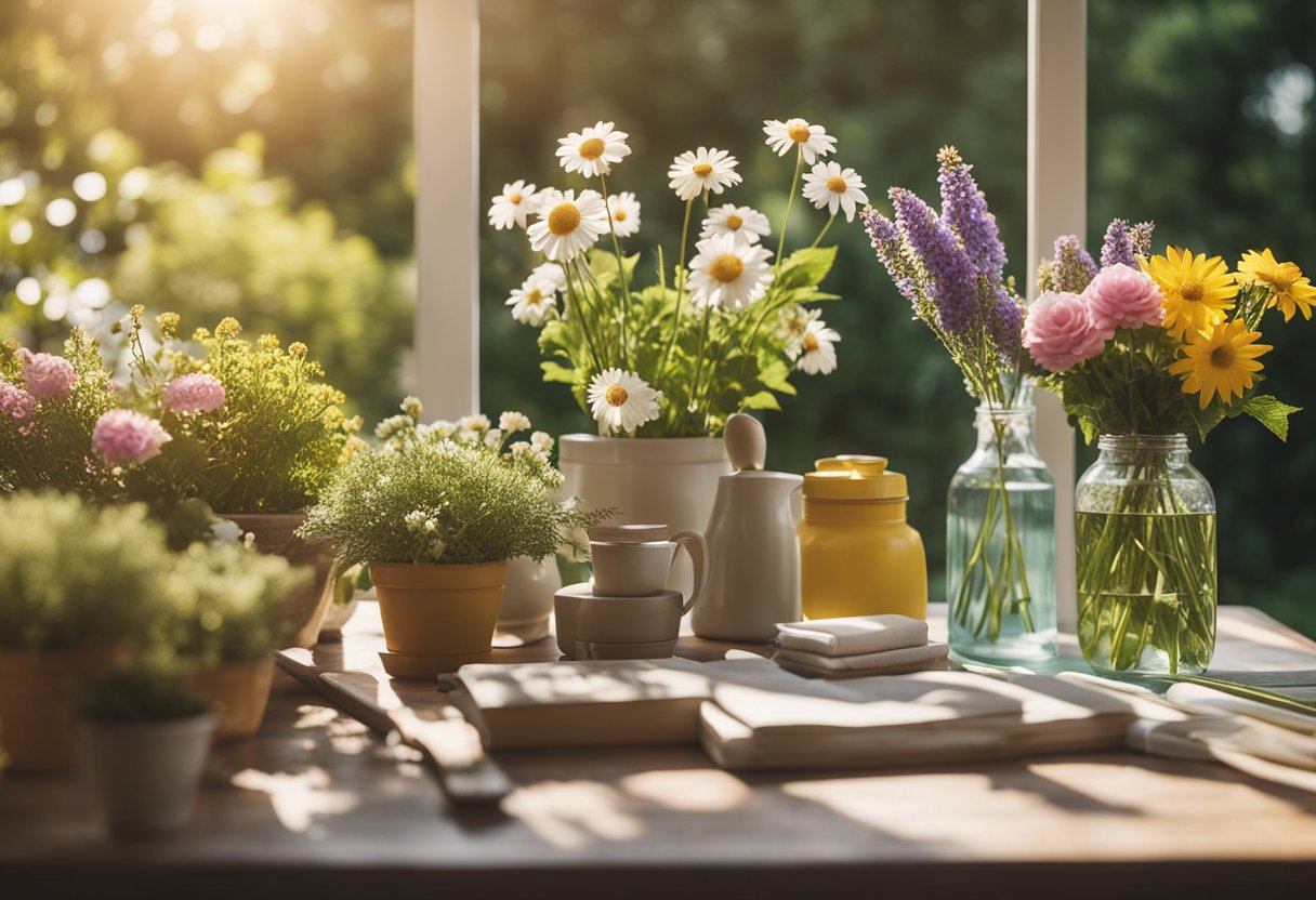 A sunny home with open windows, fresh flowers on the table, and a clean, organized space. Outdoor tools and cleaning supplies are neatly arranged for summer maintenance