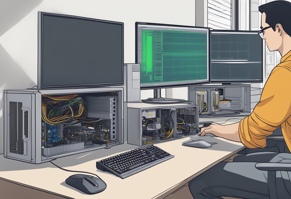 A computer with a GPU, a voltage regulator, and a power supply unit on a desk with a person adjusting the voltage settings using a computer program