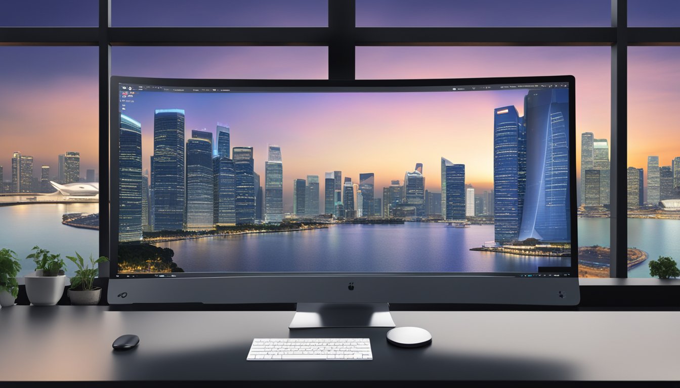 A computer screen displaying a digital portfolio review with performance and monitoring data, set against the backdrop of the Singapore skyline