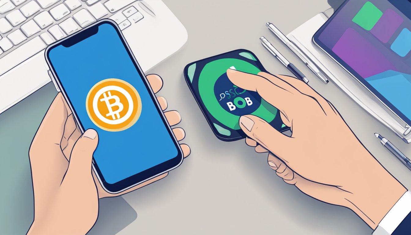 A hand holding a smartphone with the POSB logo on the screen, while a digital token hovers above it, representing the convenience of managing accounts on the go