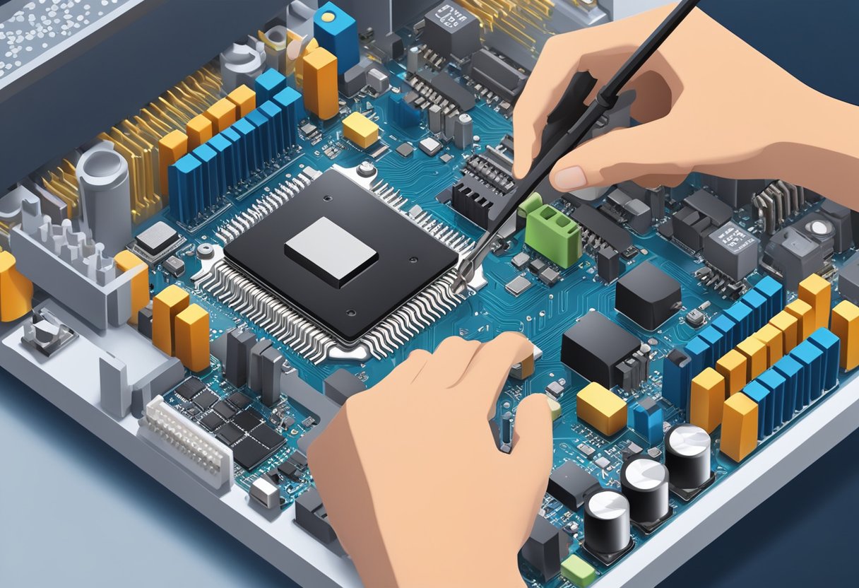A computer motherboard with a CPU chip and voltage regulator, with a hand adjusting a screwdriver on the regulator