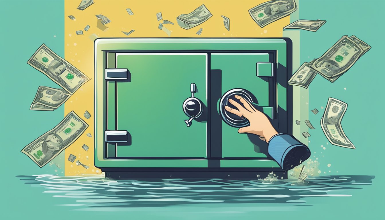 A person struggles to reach a locked safe while money flows freely from a faucet, symbolizing the accessibility and liquidity concerns of fixed deposits in Singapore