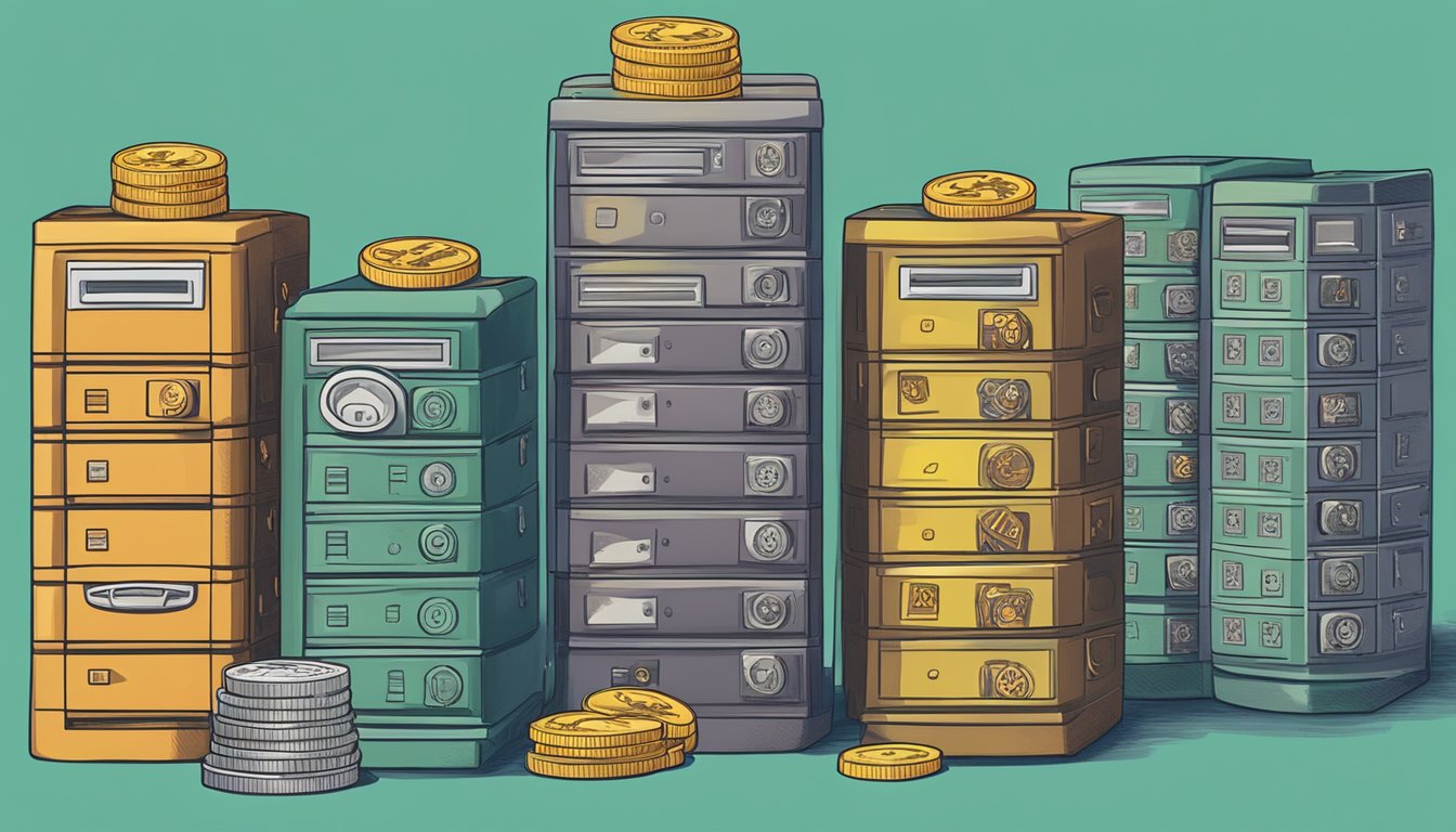 A stack of locked safes symbolize the inflexibility of fixed deposits, while a limited variety of coins represent the lack of diversification in Singapore's investment options