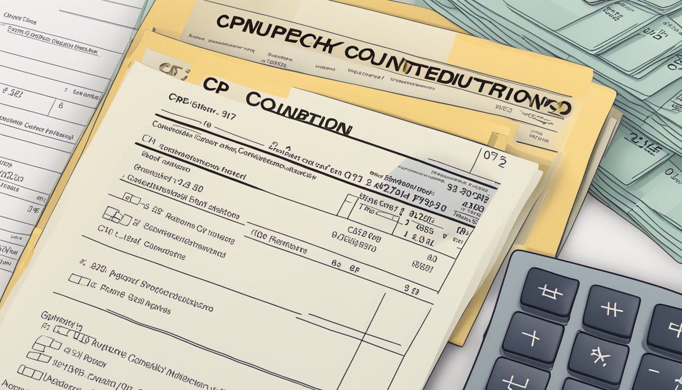 A paycheck with "CPF Contributions Explained" headline, alongside a calculator and income statement