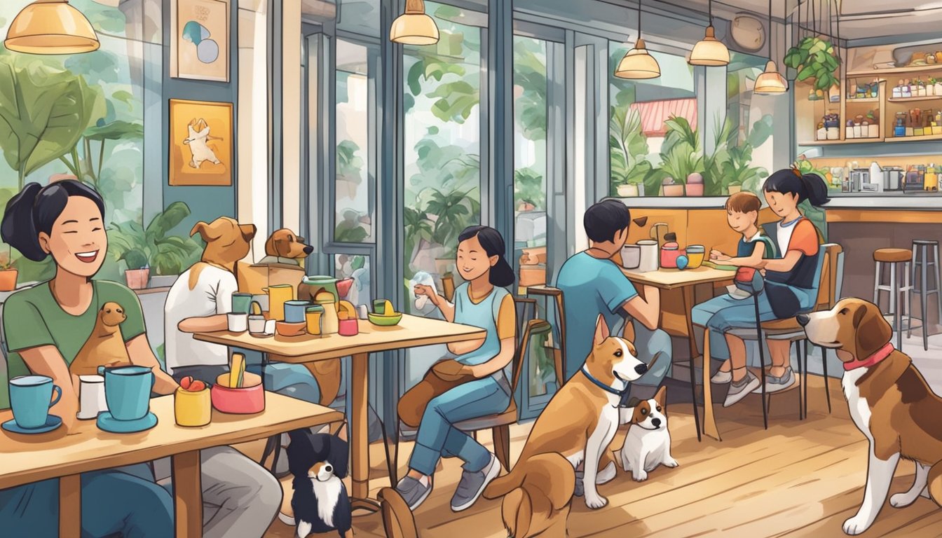 Dogs play in a cozy cafe in Singapore, surrounded by colorful toys and bowls of water. Customers smile as they sip coffee and pet the happy pups