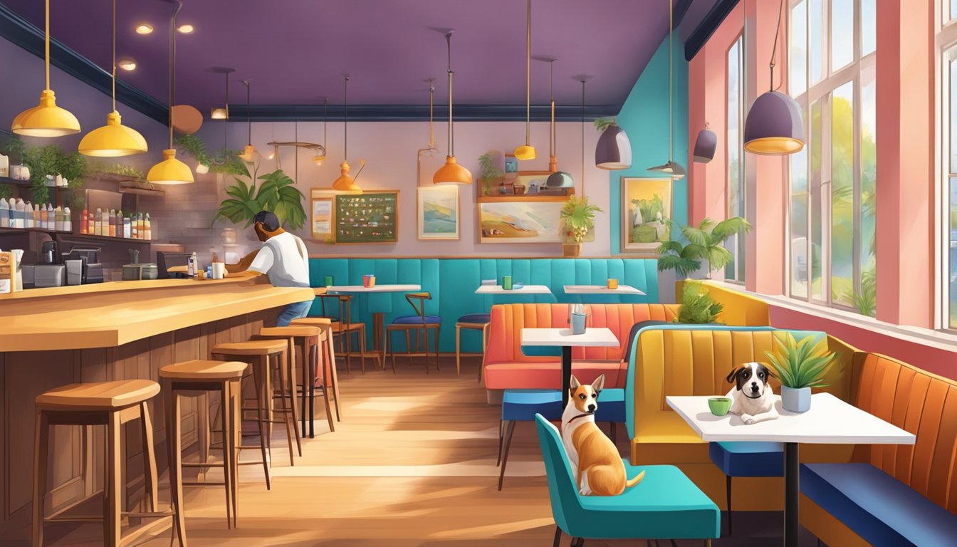 Dogs play and socialize in a vibrant, cozy cafe setting with colorful decor and comfortable seating
