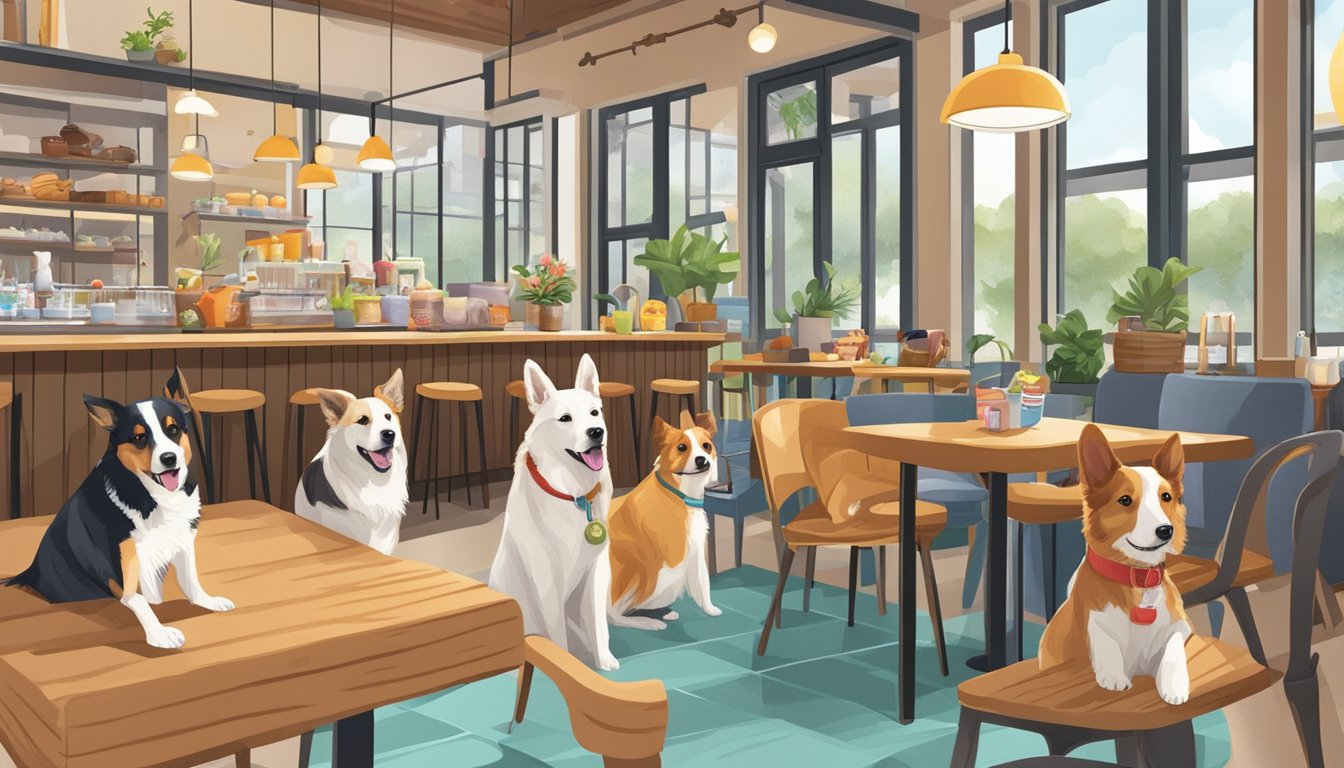 Dogs enjoying treats and toys at a cozy cafe in Singapore