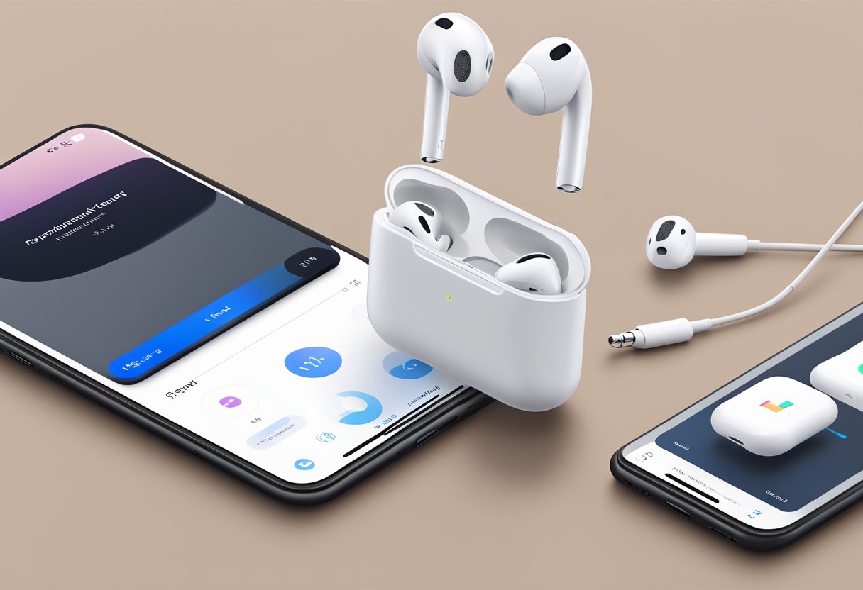 AirPods placed near a smartphone displaying update instructions. Laptop open with AirPods case next to it. Wifi symbol and progress bar visible on the devices