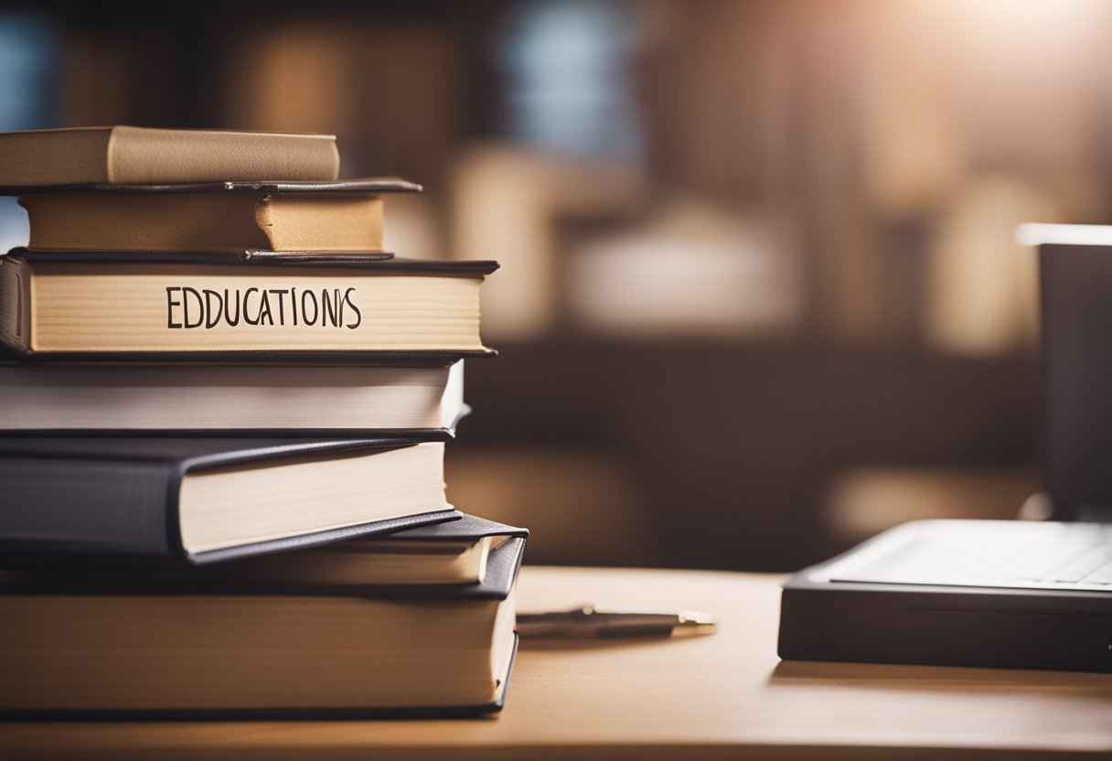 A stack of books with titles like "Education" and "Business" sits on a desk, next to a laptop and a notepad with the words "Easiest Master's Degrees" written on it