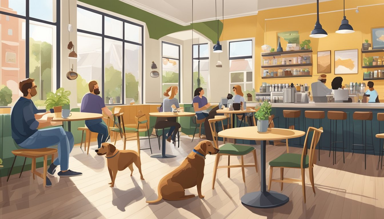Customers enjoy coffee while their dogs play in a spacious, well-lit cafe with comfortable seating and dog-friendly amenities