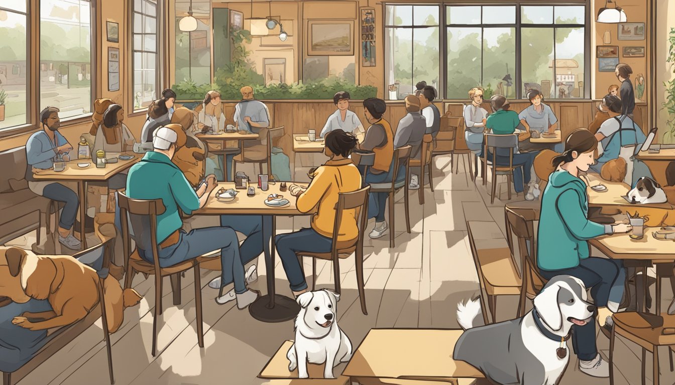 Dogs sit calmly at tables, while patrons pet and play with them. A sign lists rules for behavior