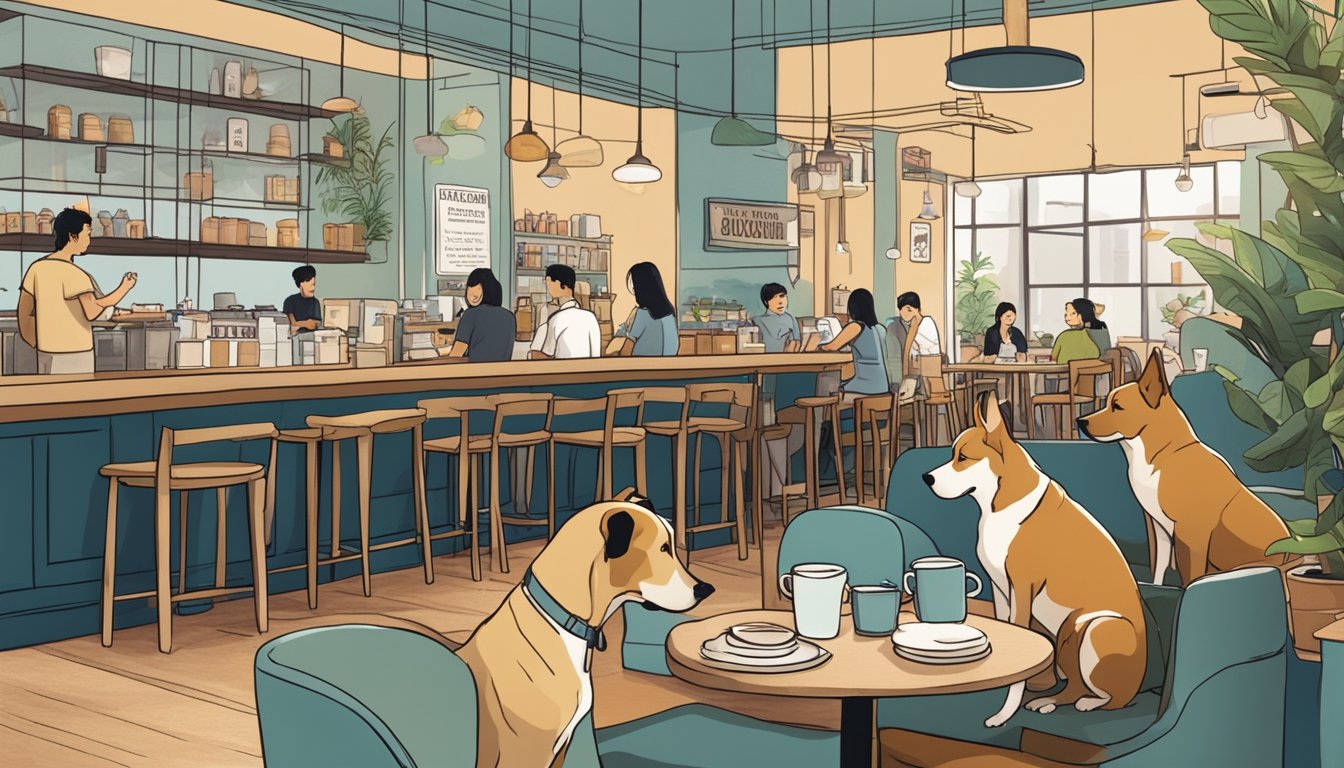 Customers and dogs mingle in a cozy cafe setting, with a sign reading "Frequently Asked Questions dog cafe Singapore" prominently displayed