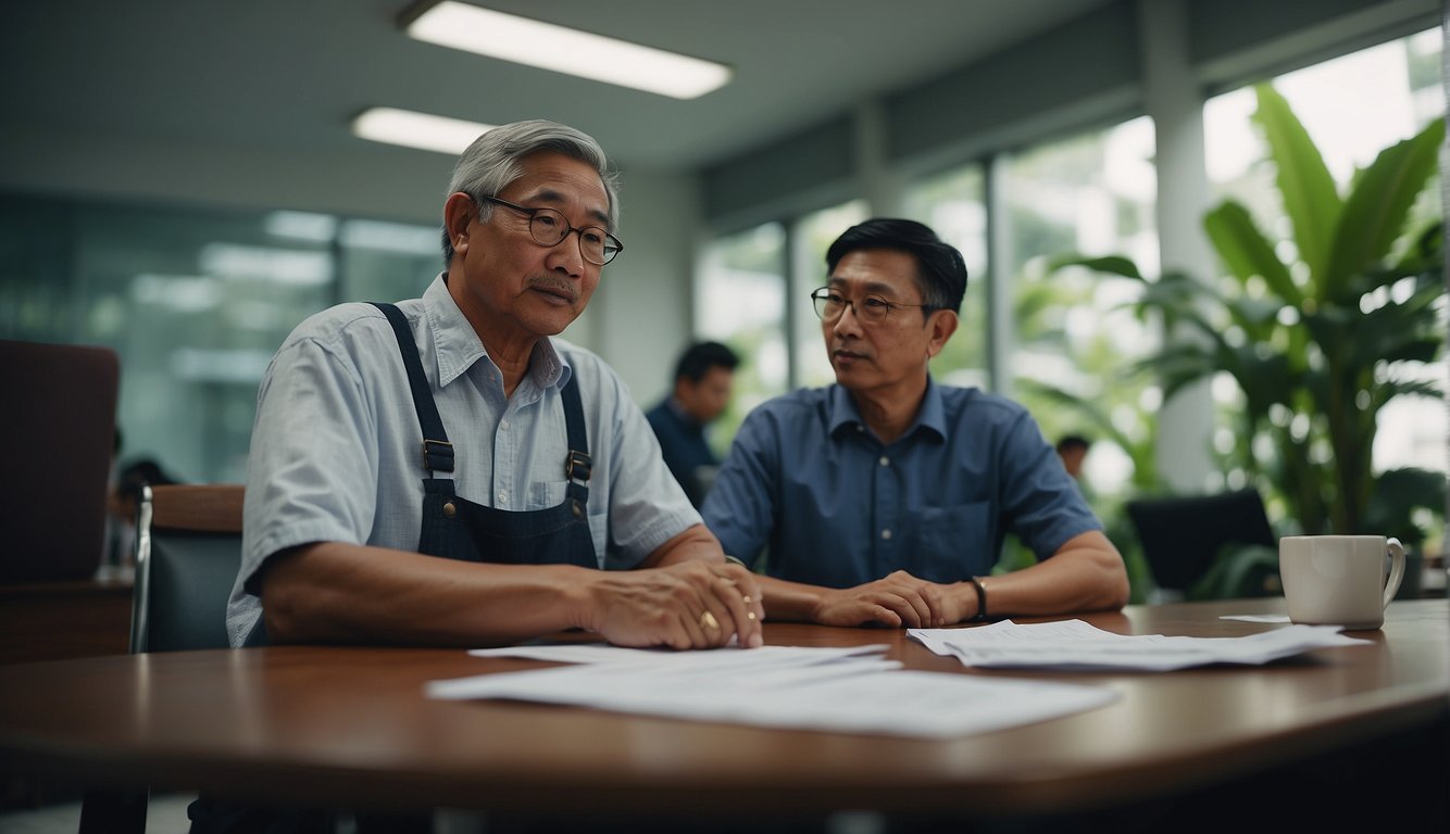 A farmer in Singapore approaches a money lender's office, seeking a loan. The lender reviews documents and discusses terms with the farmer