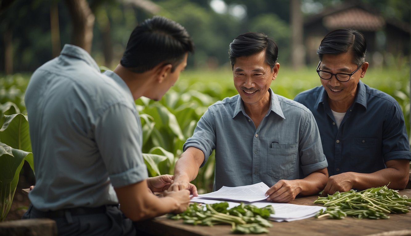 Farmers approach money lenders in Singapore for loans. They discuss terms and conditions, sign paperwork, and receive the funds needed for their agricultural operations