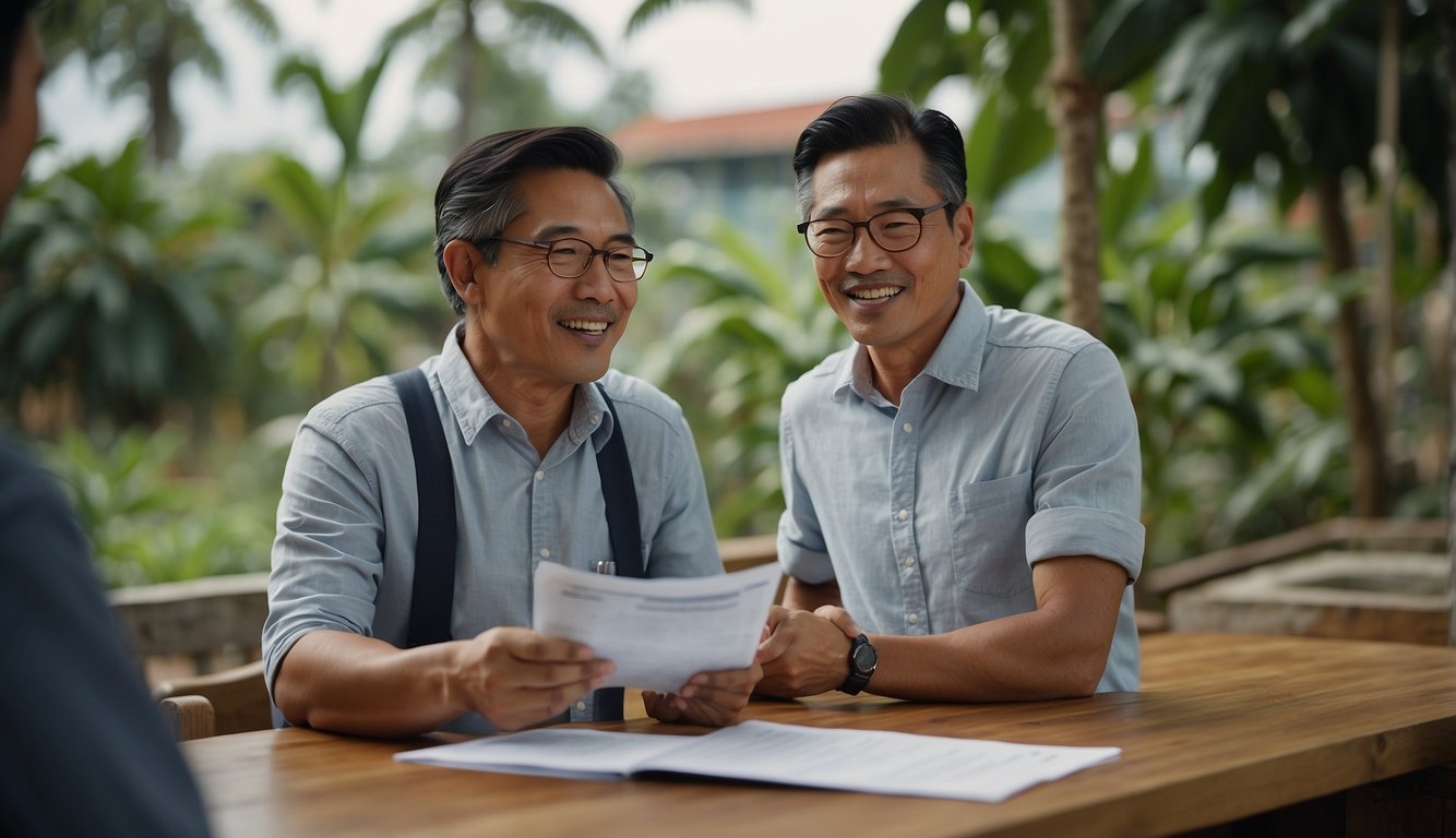 A farmer approaches a money lender in Singapore, discussing various types of loans available for agricultural purposes. The lender reviews documents and discusses terms with the farmer