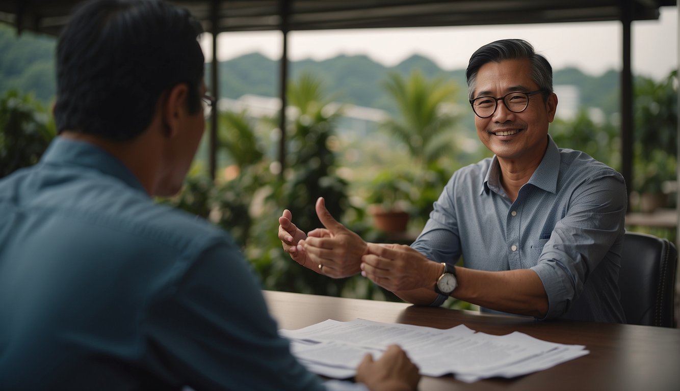 A farmer in Singapore discusses loan terms with a money lender, examining paperwork and shaking hands to seal the deal
