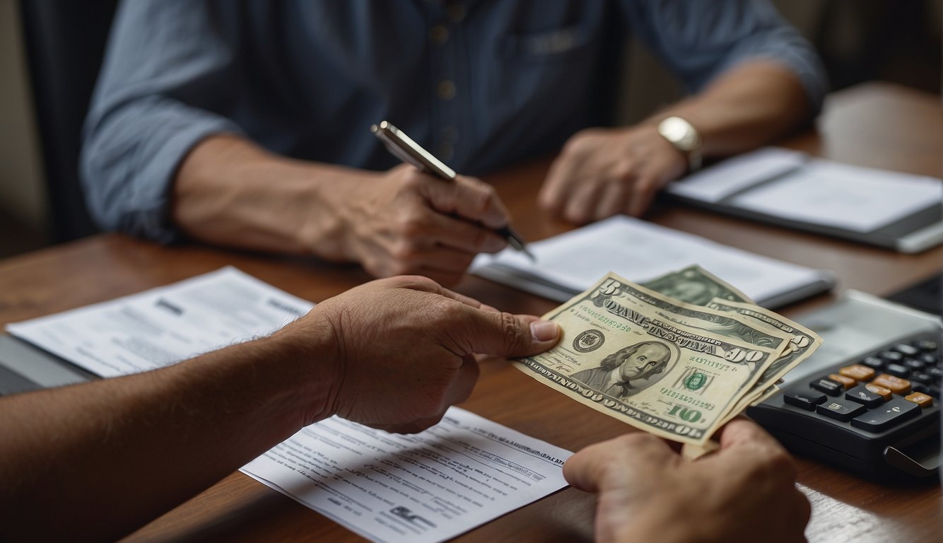 A farmer approaches a licensed moneylender's office, exchanging documents for cash. The moneylender explains terms and conditions as the farmer signs the agreement