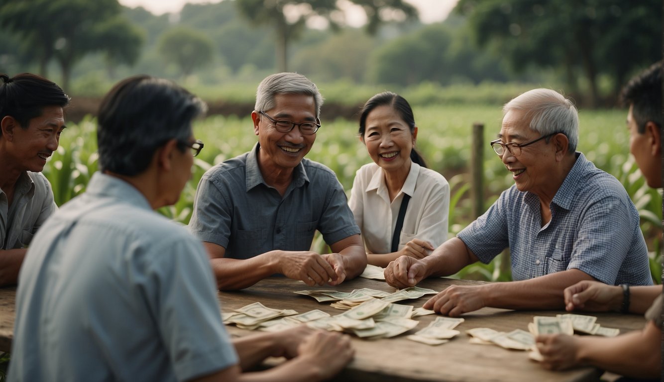 Farmers in Singapore borrow money from lenders for financial education and management. They discuss terms and exchange money in a rural setting