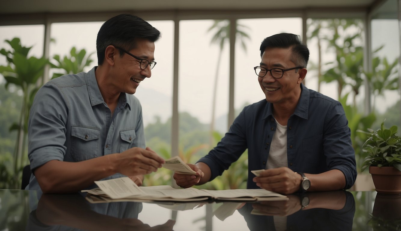 Farmers in Singapore approach money lenders for loans. The scene shows a farmer discussing terms with a money lender, with a stack of cash and documents on the table