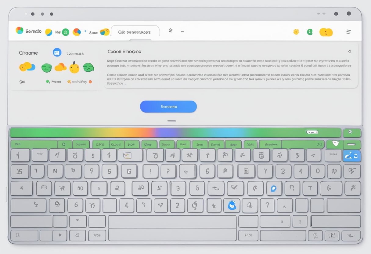 A Chromebook screen with a keyboard, showing the steps to enable emoji input and how to use emojis on the device