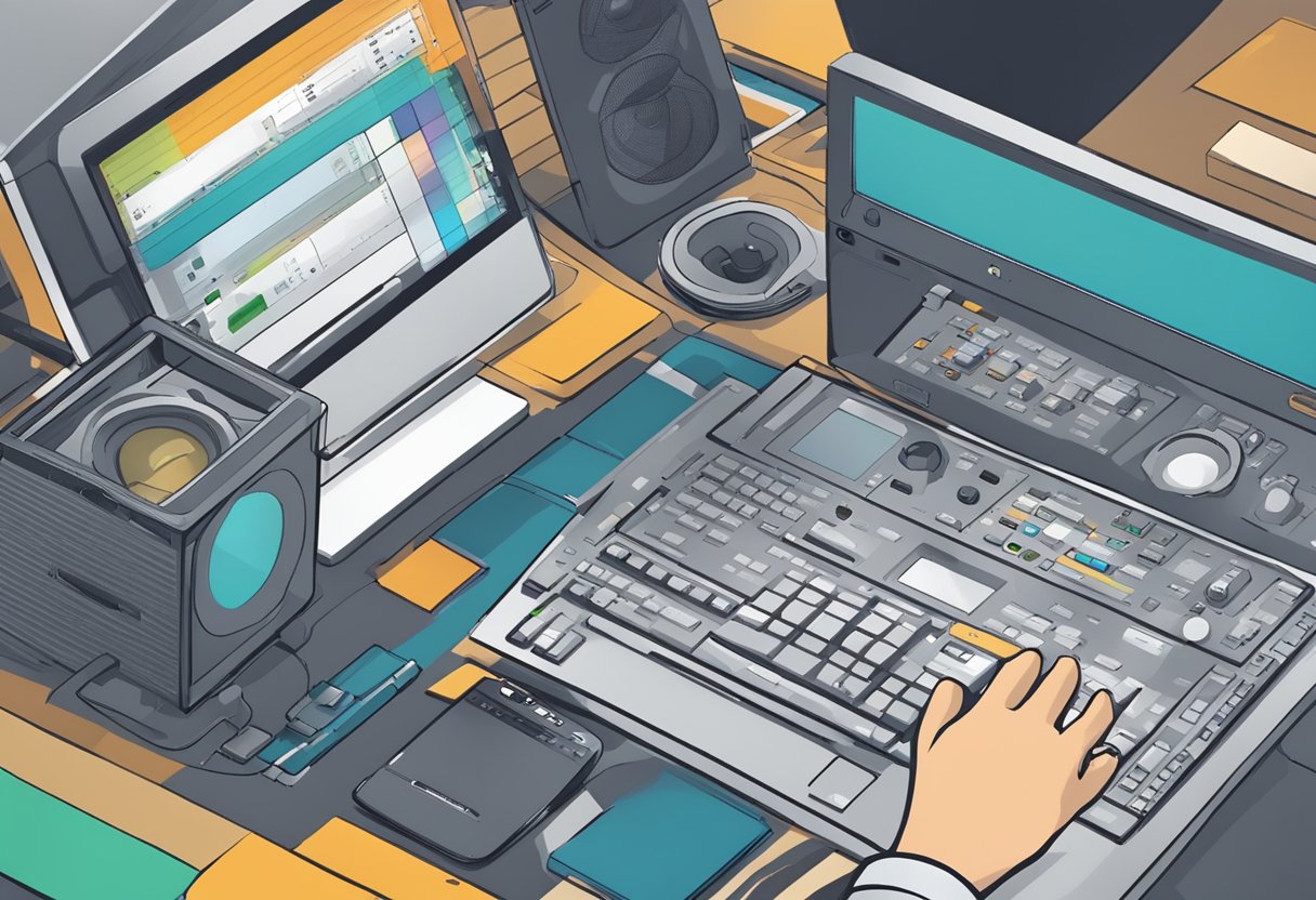 A user clicks on the gear icon, selects "Voice & Video," and enables "Use our latest technology to capture your screen." They then navigate to the sound settings and select the desired soundboard to use