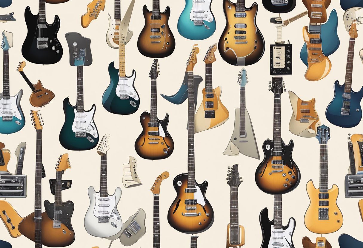A hand reaching out to pick a first electric guitar from a selection of brands and models
