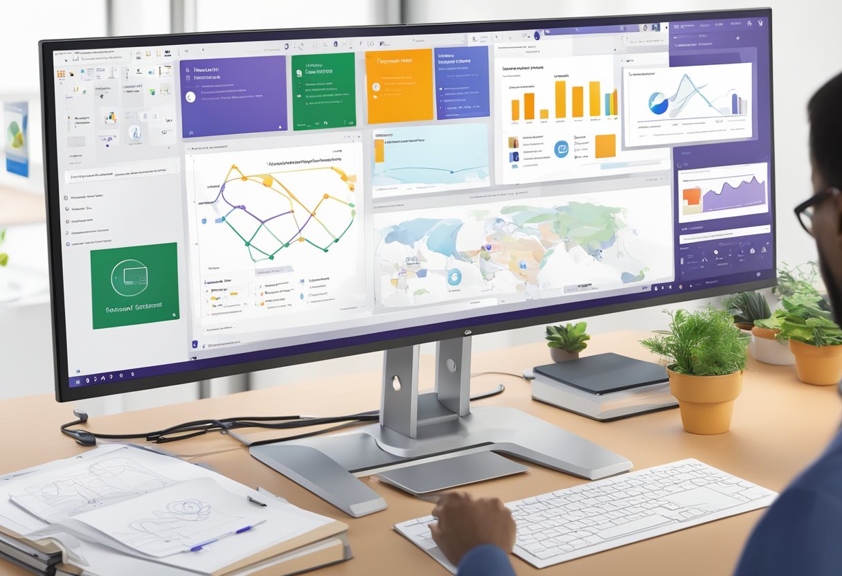 A computer screen displaying the Microsoft Whiteboard interface within the Microsoft Teams platform, with various tools and options available for use