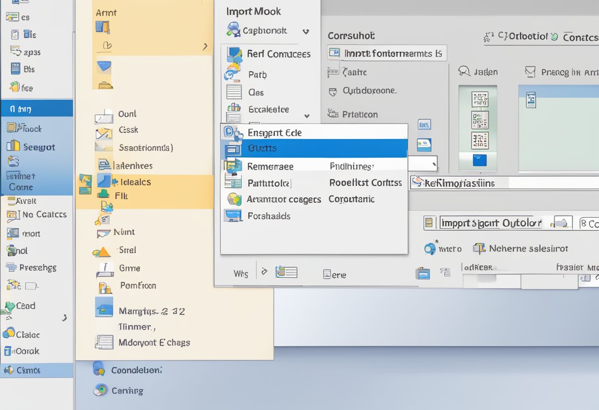 A computer screen displaying the "Import Contacts" option in Outlook, with a cursor hovering over the button. A file labeled "Contacts" sits on the desktop