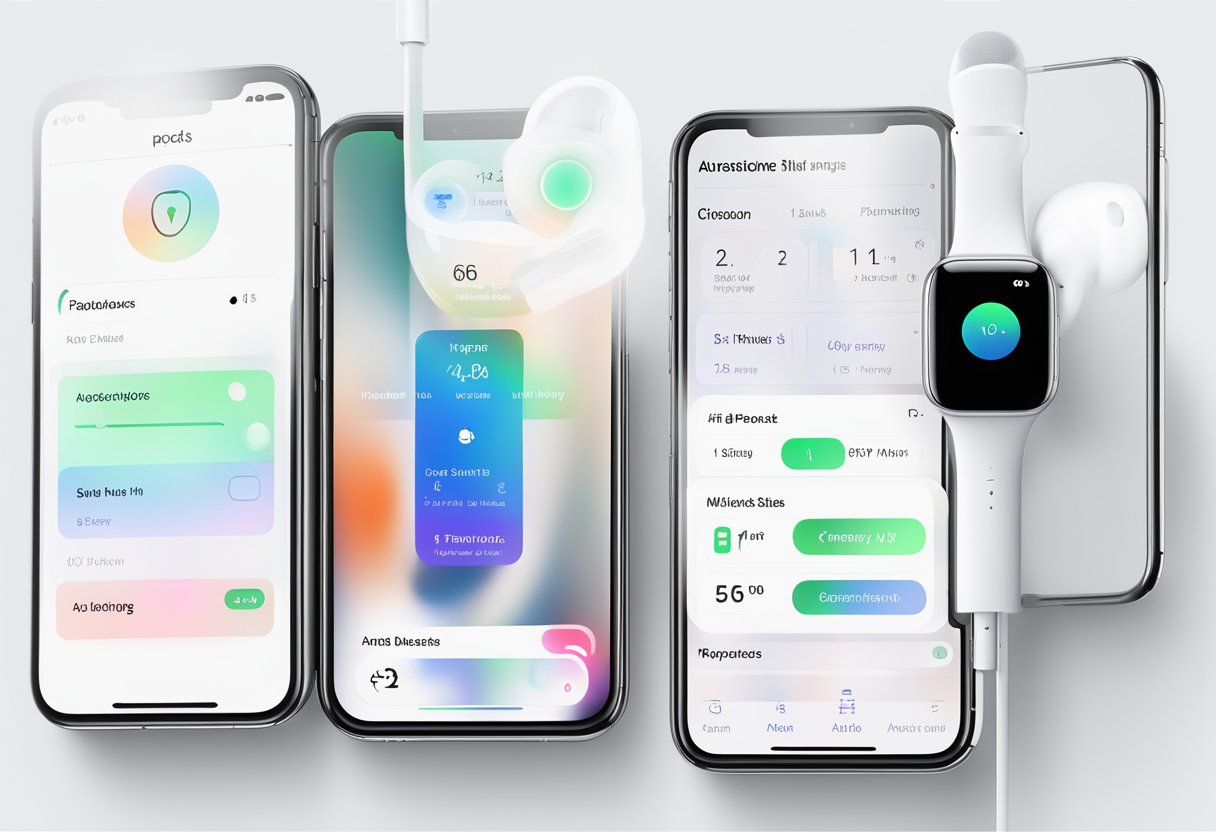 AirPods placed next to an iPhone, with the settings menu open showing options to optimize battery life
