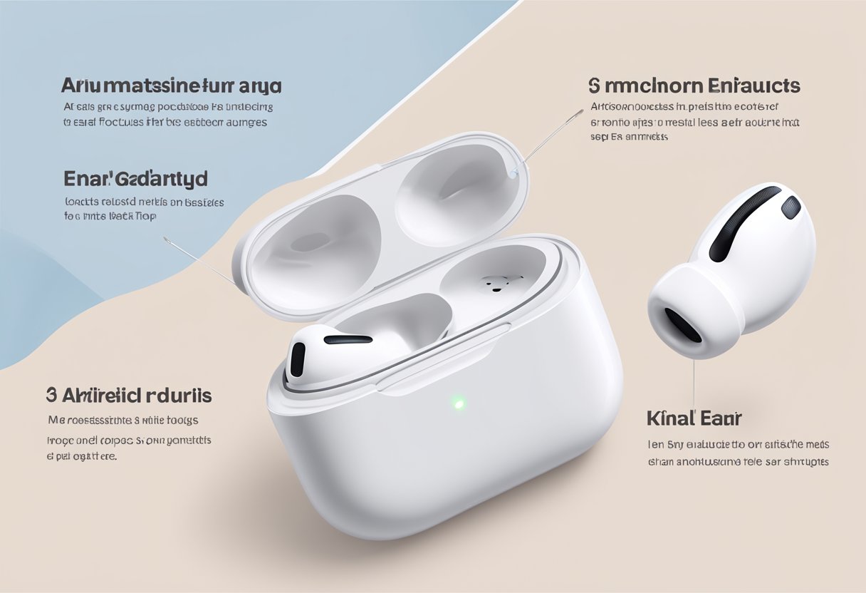 AirPods placed on a flat surface, with a focus on the ear tips. A diagram showing adjustments being made to the ear tips for a snug fit