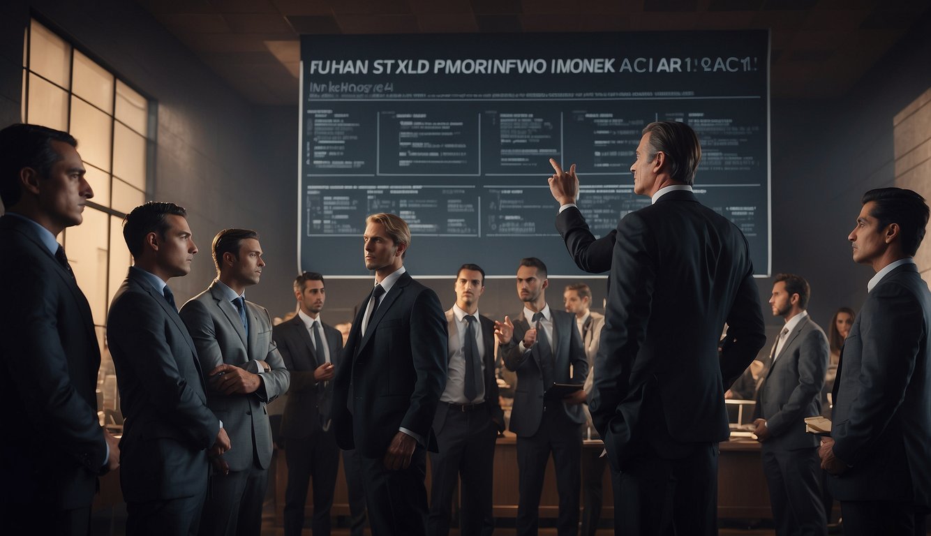 A stern figure in a dark suit stands before a group of nervous individuals, pointing to a large sign displaying the "Unlicensed Money Lender Act: What You Need to Know." The atmosphere is tense and foreboding