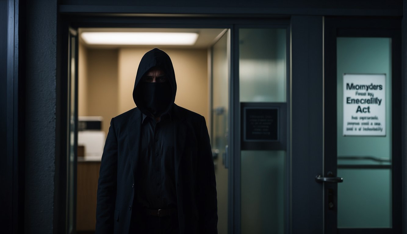 A dark figure lurks outside a small, dimly lit office, where a sign reading "Moneylenders Act" hangs crookedly. A sense of secrecy and danger fills the air
