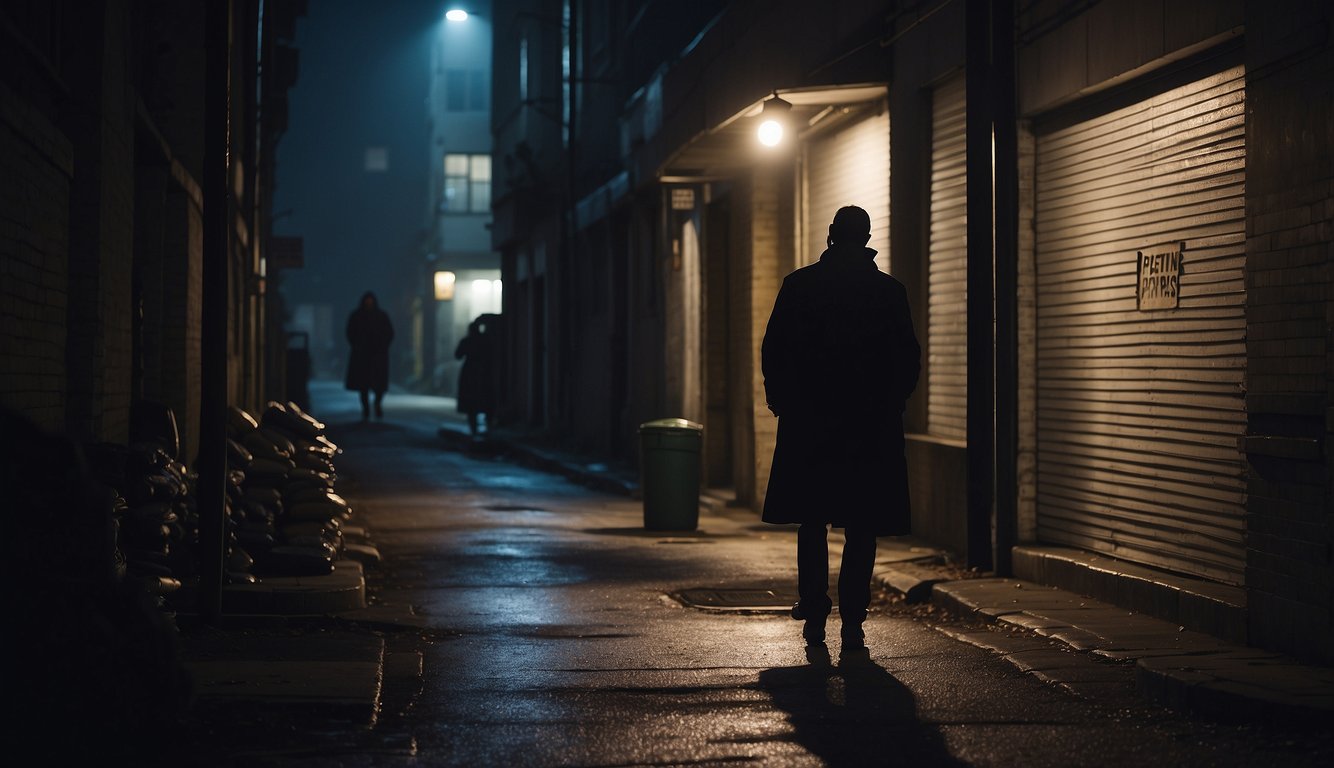 A shadowy figure counts cash in a dimly lit alley, surrounded by anxious borrowers. A sign nearby reads "Unlicensed Moneylender."