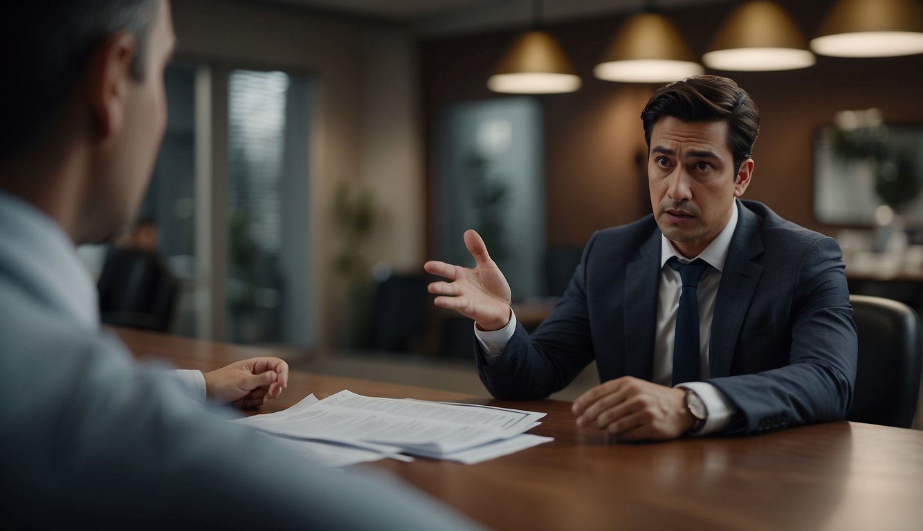 A person is being threatened by unlicensed moneylenders for borrowing money. The scene shows the person being harassed and intimidated by the lenders
