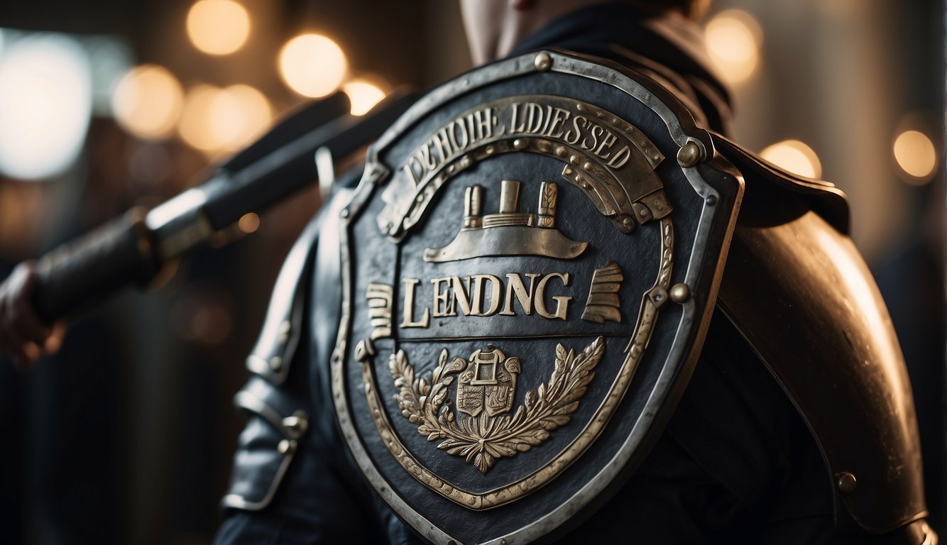 A person holding a shield with "Unlicensed Lending" crossed out, while a sword labeled "Lending Act" is raised in defense