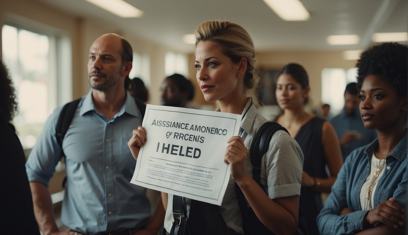 A group of people seeking help at a community center, with signs displaying "Assistance for Victims of Unlicensed Lending" and "Unlicensed Money Lender Act: What You Need to Know" prominently displayed