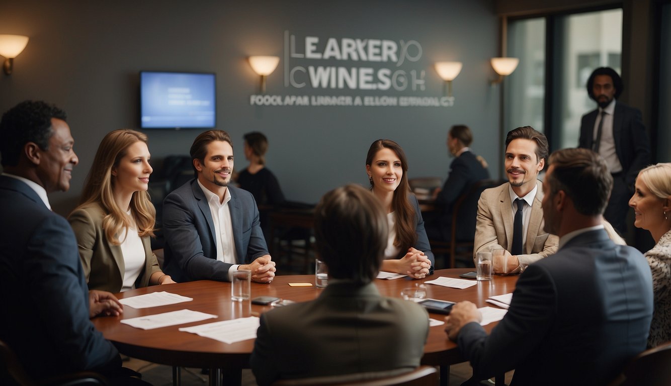 A group of people gathered around a table, listening to a speaker discussing the prevention and education of the unlicensed money lender act. Visual aids and informative materials are displayed to help educate the audience